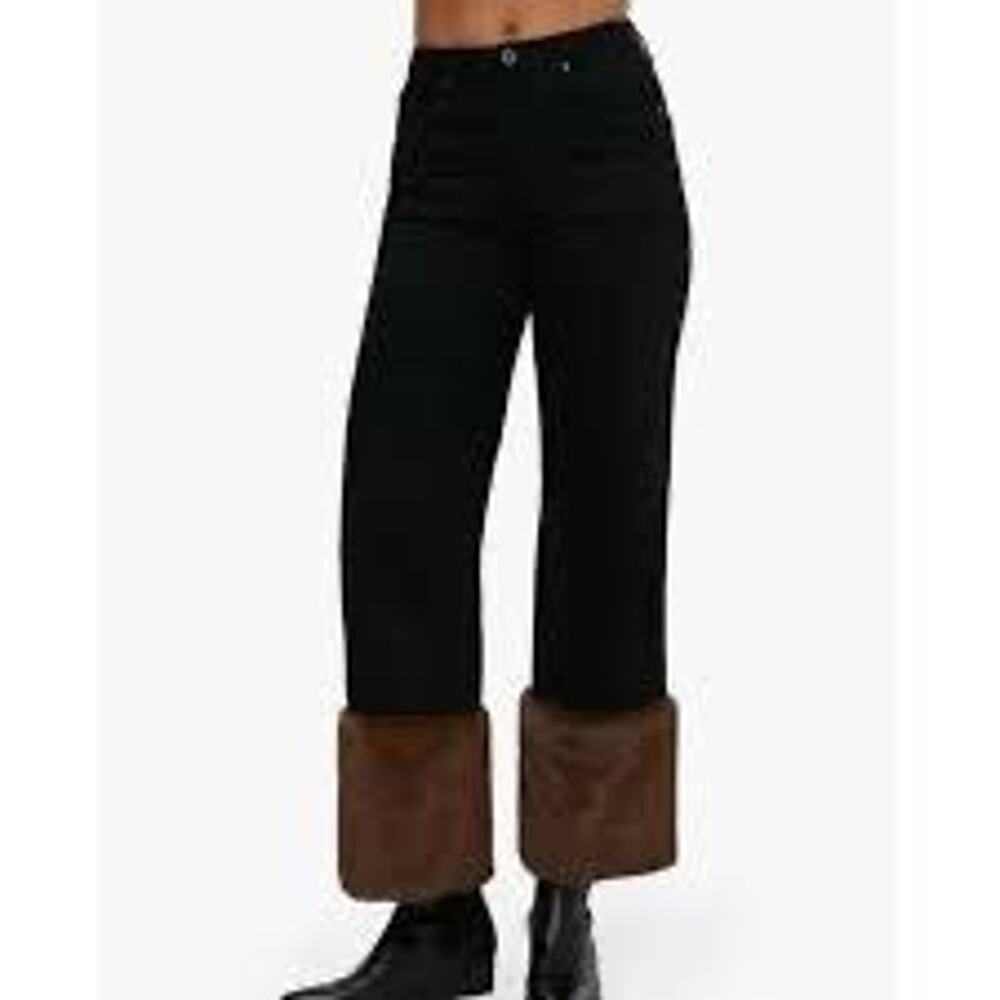 WeWoreWhat Black Straight Leg Jeans with Brown Faux-Fur Cuffs
